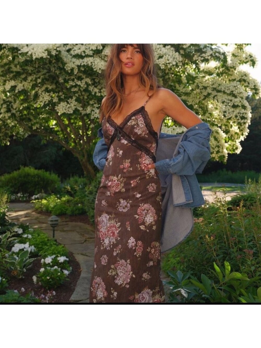 HM x Brock Collection Floral Lace Trim Midi Slip Dress Size Medium